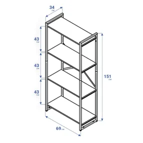 стеллаж gutta 1510х690х340 (4 полки) каркас чёрный, настил патина